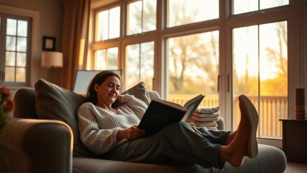 Peaceful woman reading in a cozy sunlit living room.