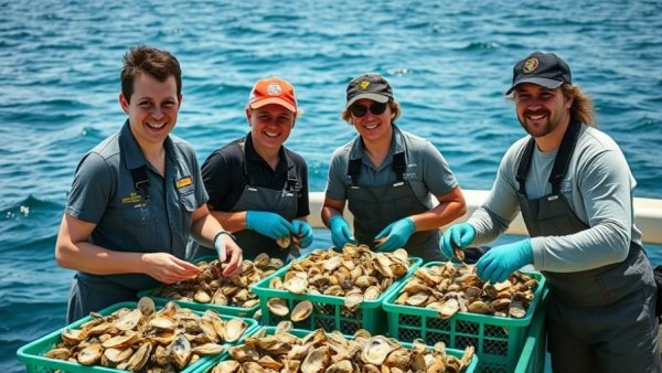 Florida Oyster Farming: Workers sorting oysters on floating platform.