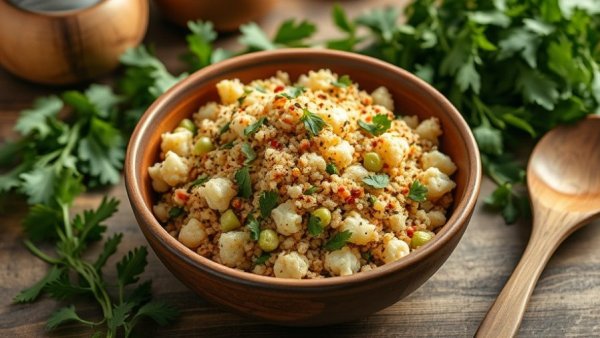 Quinoa and cauliflower salad in ceramic bowl with fresh greens.