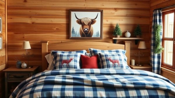 Cabin Christmas bedroom ideas with plaid bedding and rustic decor.