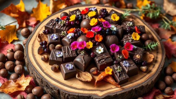 Rustic chocolate charcuterie with juniper berries on a wooden platter.