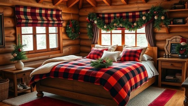 Cozy Christmas bedroom with plaid and festive decor.