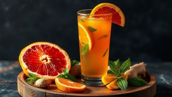 Vibrant Citrus Maté Fizz drink with grapefruit and ginger.