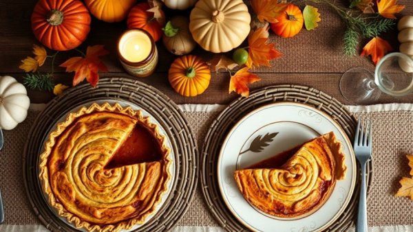 Cozy autumn table with Thanksgiving desserts, featuring pies and slices.