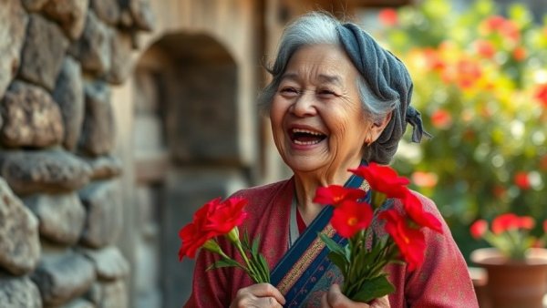 Joyful elderly woman with flowers, showcasing happiness.