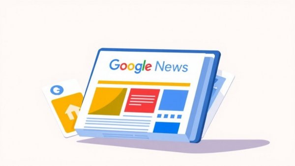 Colorful Google News logo illustration on vibrant cards.