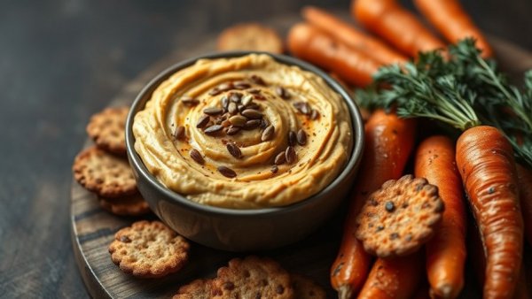 Za’atar Roasted Carrot Dip with crackers and carrots on rustic board.