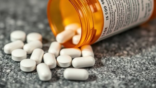 Prescription pills spilled from bottle, opioid focus.