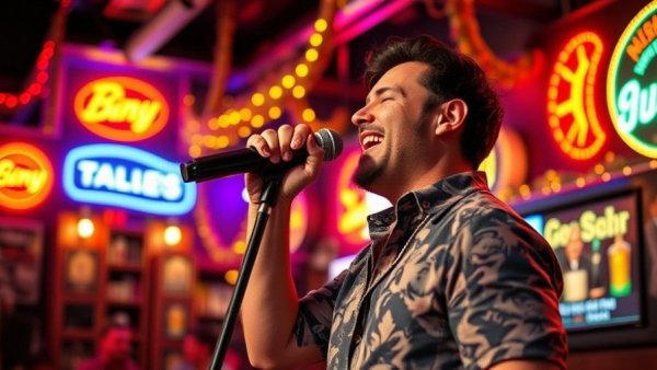 Confident singer performing with vibrant neon lights in a lively bar.