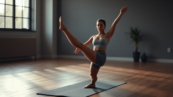 Woman practicing gentle movement for gut health in a serene yoga studio.