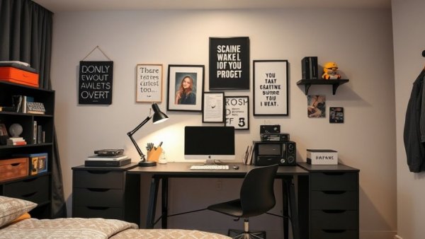 Organized teen boy bedroom desk with modern storage ideas.