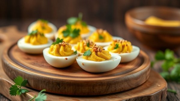 Curried deviled eggs on a wooden platter with garnishes.