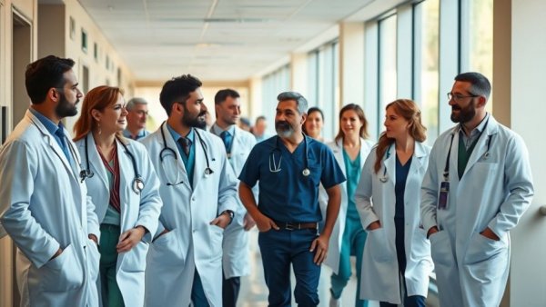 Diverse doctors discussing healthcare, UK international doctors exodus.