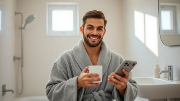 Man smiling in bathrobe holding mug and phone, Skin Gut Connection