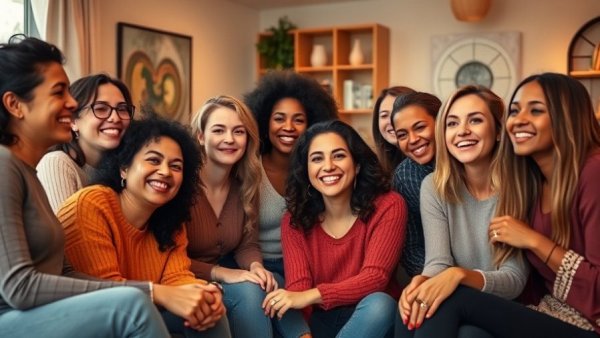 Festive group of women gathered, enjoying cocktails in cozy home.