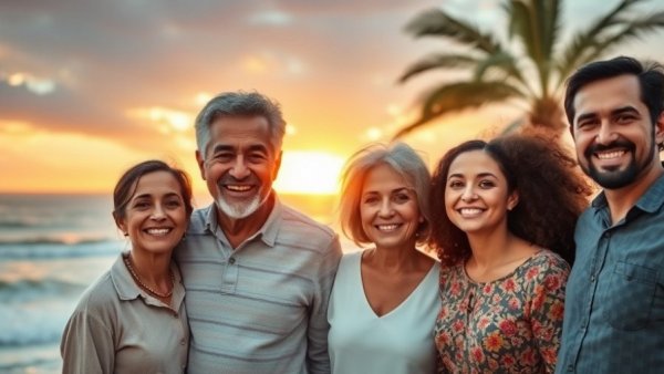Multigenerational family by ocean at sunset, embracing together.