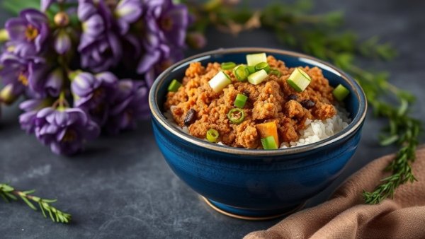 Ginger Tempeh Crumble Recipe in a blue bowl with rice and scallions.