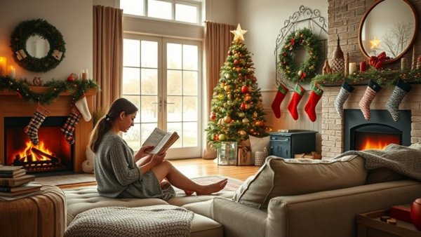 Chic holiday outfits in cozy living room with Christmas tree and stockings.