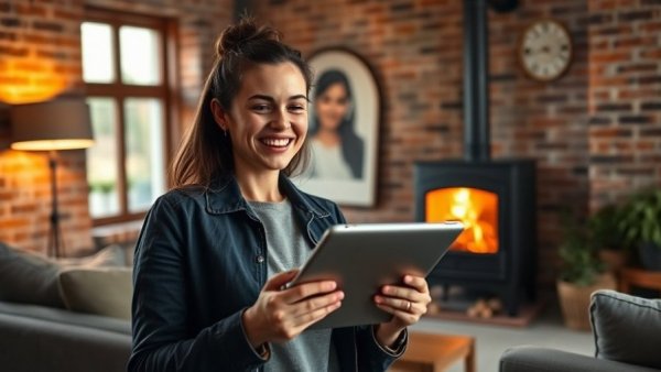 Young woman using smart technology for health and wellness in a modern living room.