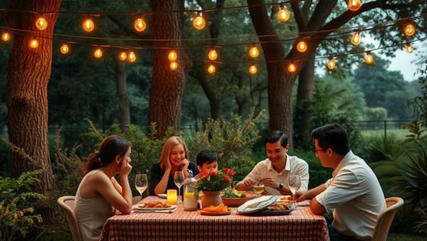 Family enjoys dinnertime rituals outdoors under string lights.
