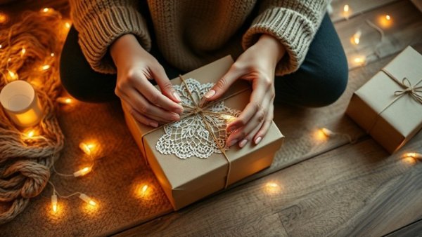 Sustainable gift wrapping ideas using brown paper and lace.