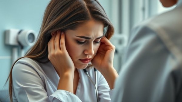 Distressed woman visiting doctor in a clinical setting.