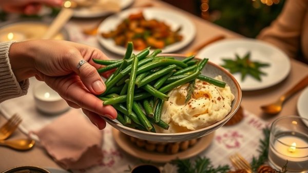 Serving holiday meal to reduce food waste with green beans and mashed potatoes.