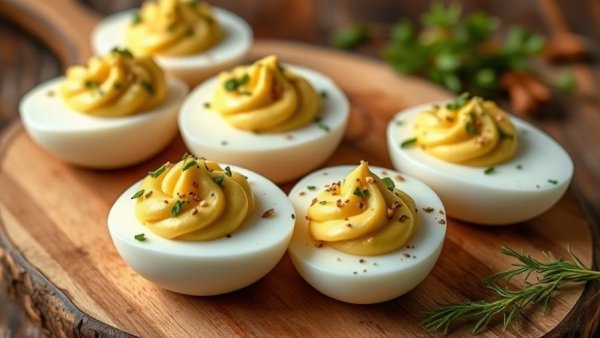 Deviled eggs with sesame seeds and herbs on wooden board.