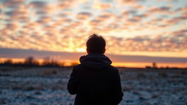 Silhouette of a person at winter sunset symbolizes gratitude.