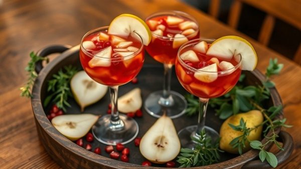 Spiced Pear and Pomegranate Sangria beautifully arranged on a rustic tray.