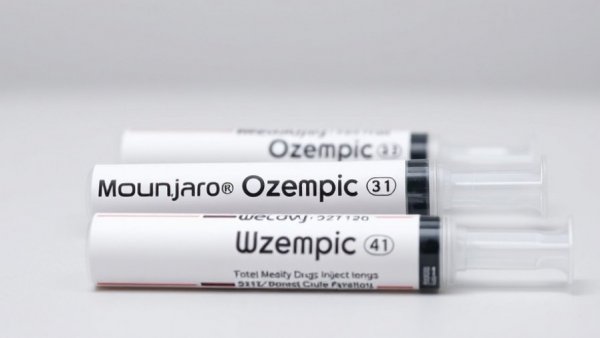Close-up of new antiobesity drug injection pens, Mounjaro, Ozempic, Wegovy.