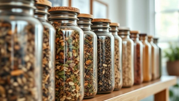 Row of glass jars containing herbs and spices, representing cold-weather health toolkit.