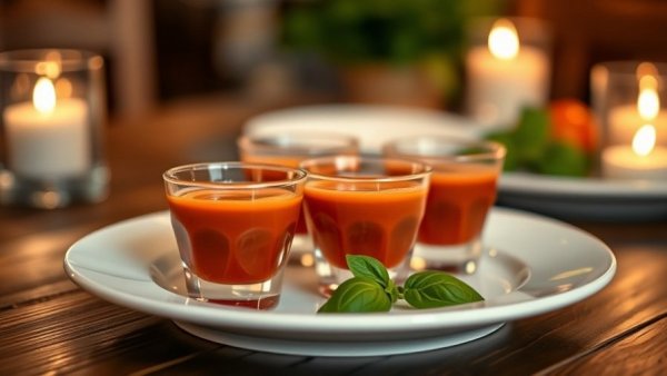 Tomato and basil bisque shooters with basil leaves on a plate.