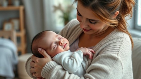 Mother gently holds her sleeping baby, illustrating parental care.