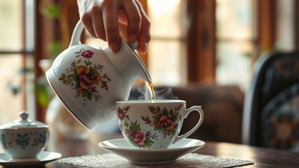 Graceful hands pouring tea, Choosing Presence Over Presents, photorealistic scene.