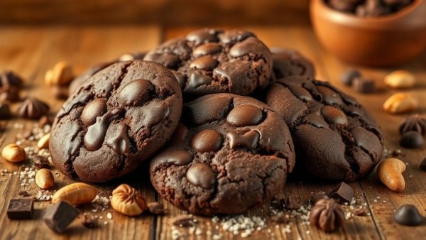 Chocolate slice-and-bake cookies with nuts in rustic setting.