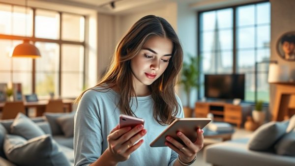 Young woman checking information on phone in bright living room.