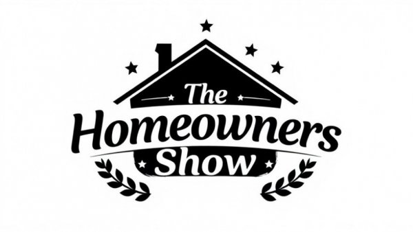 Minimalist logo for The Homeowners Show with house illustration.