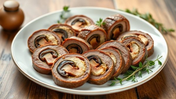 Mushroom stuffed steak pinwheels elegantly presented.