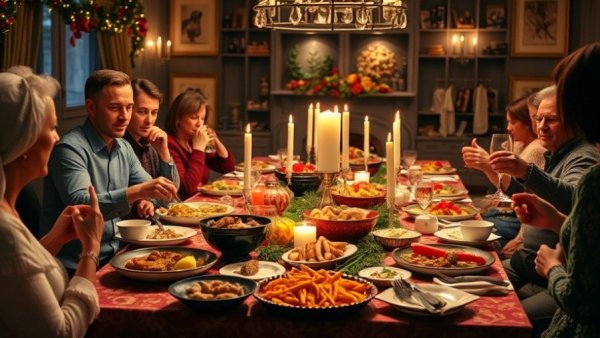 Festive holiday party table with diverse recipes.