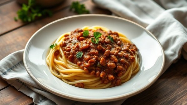 Creamy Pastitsio with Lentil Bolognese on rustic table.