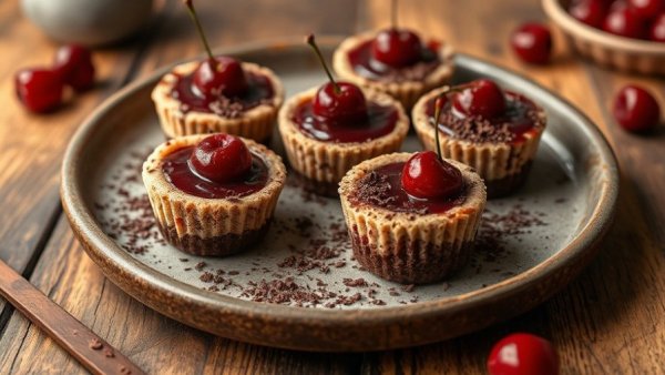 Cherry chocolate vegan cheesecake minis with chocolate shavings on a plate.