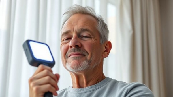 Middle-aged man using light therapy device, indoor setting.
