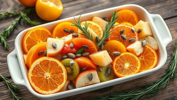 Colorful citrus salad with rosemary and juniper syrup on a wooden table.