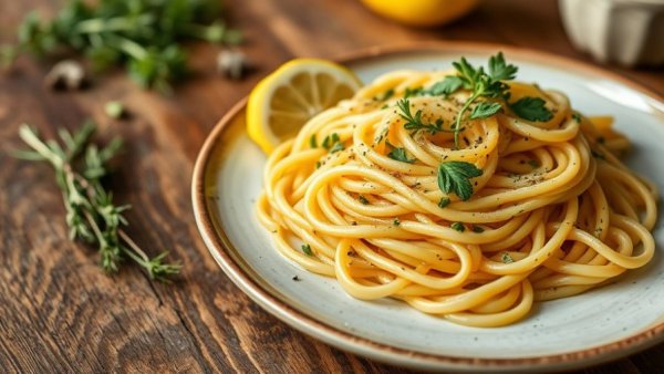 Delicious lemony thyme pasta on rustic table, gold cutlery.