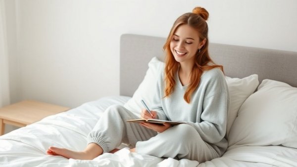 Young woman writing joyfully in bed, showcasing life after Instagram.