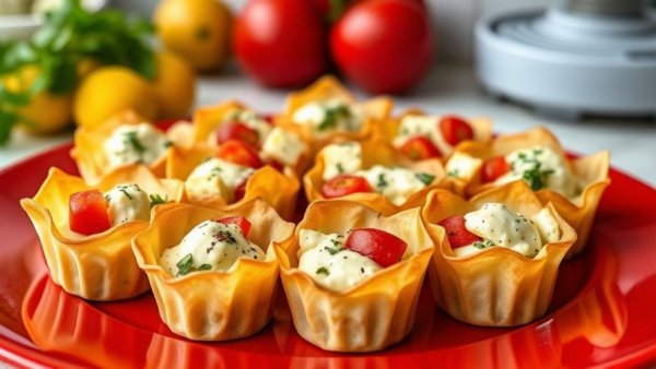 Easy party appetizers: Creamy phyllo cups on a red plate.