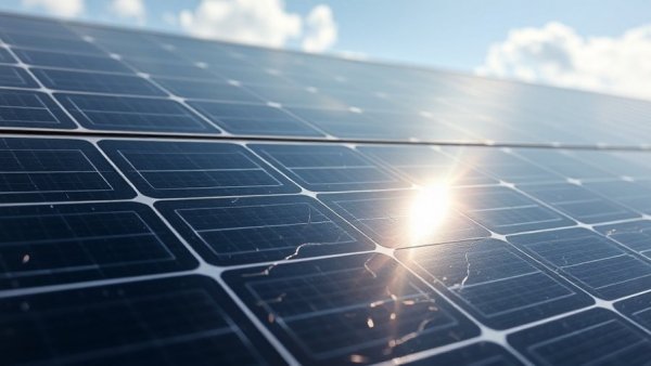 Close-up of micro cracks in solar panels reflecting sunlight.