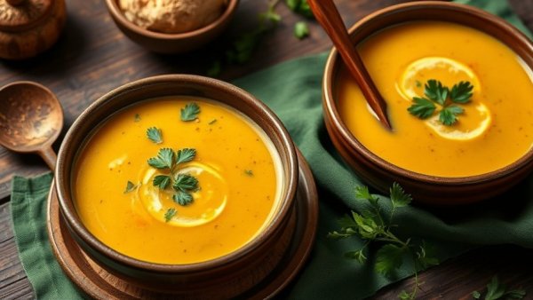 Turmeric chicken soup bowls with herbs and spoons on rustic table.