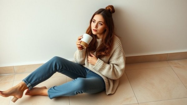 Young woman in cozy attire drinking coffee, relaxed and confident.